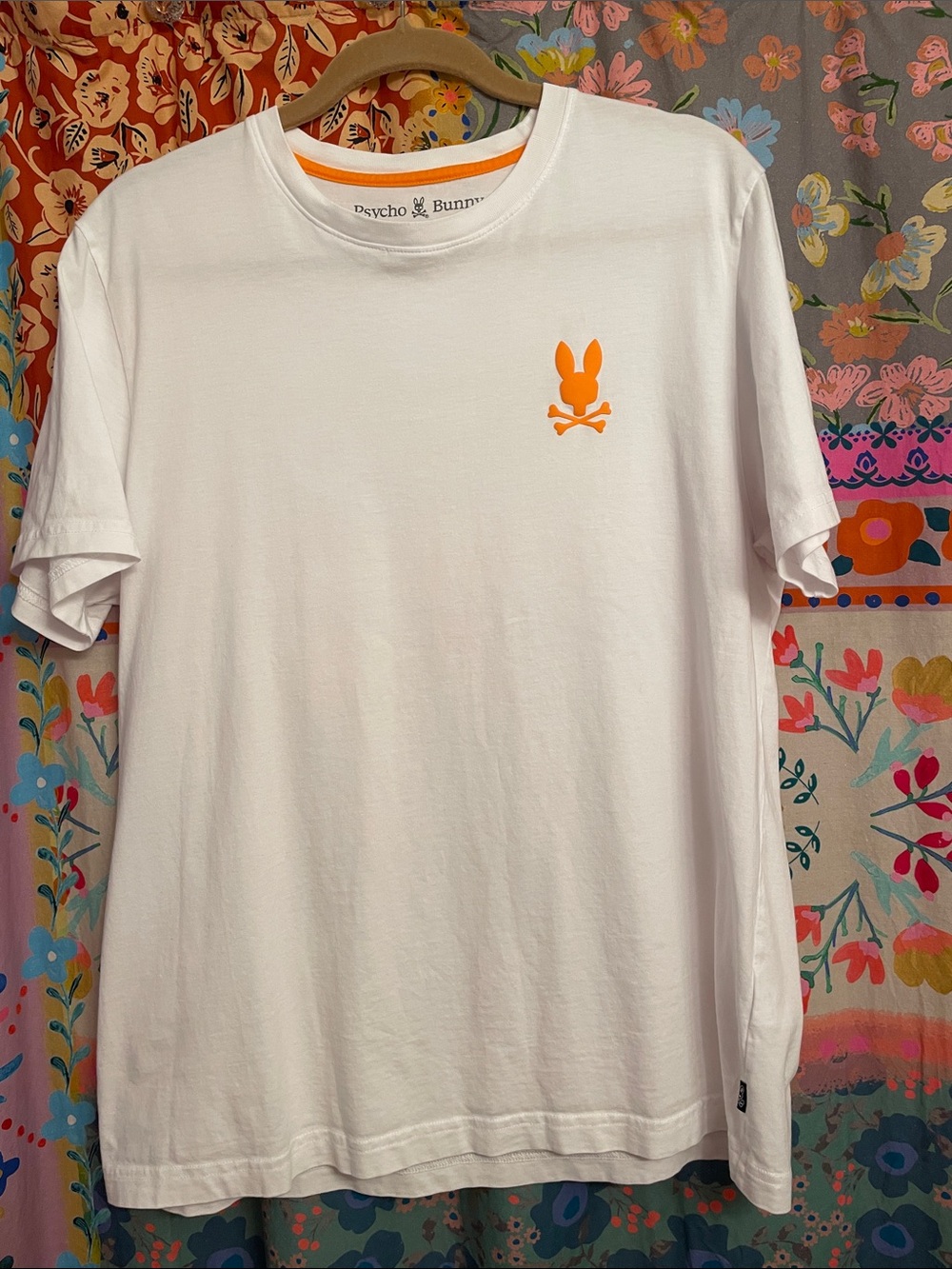 Psycho Bunny White Short-Sleeve Tee with Orange Bunny Logo - Size Large